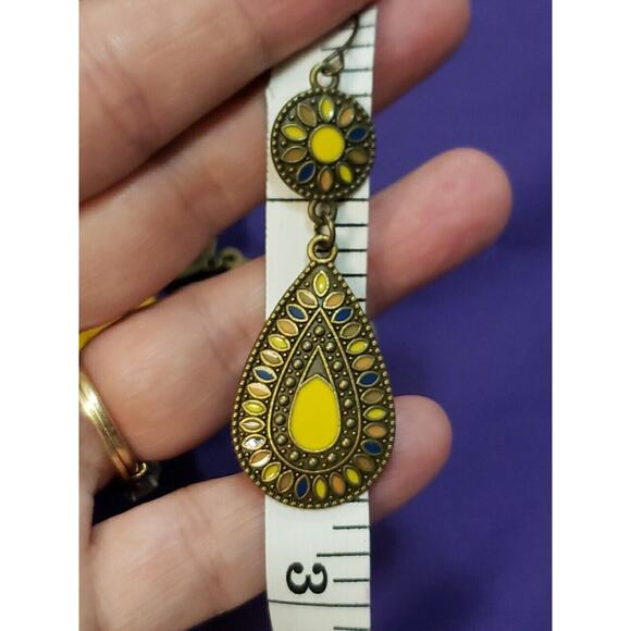 Three Pairs Dangle Earrings BOHO Western Style Yellow & Bronze Tone - Picture 10 of 11